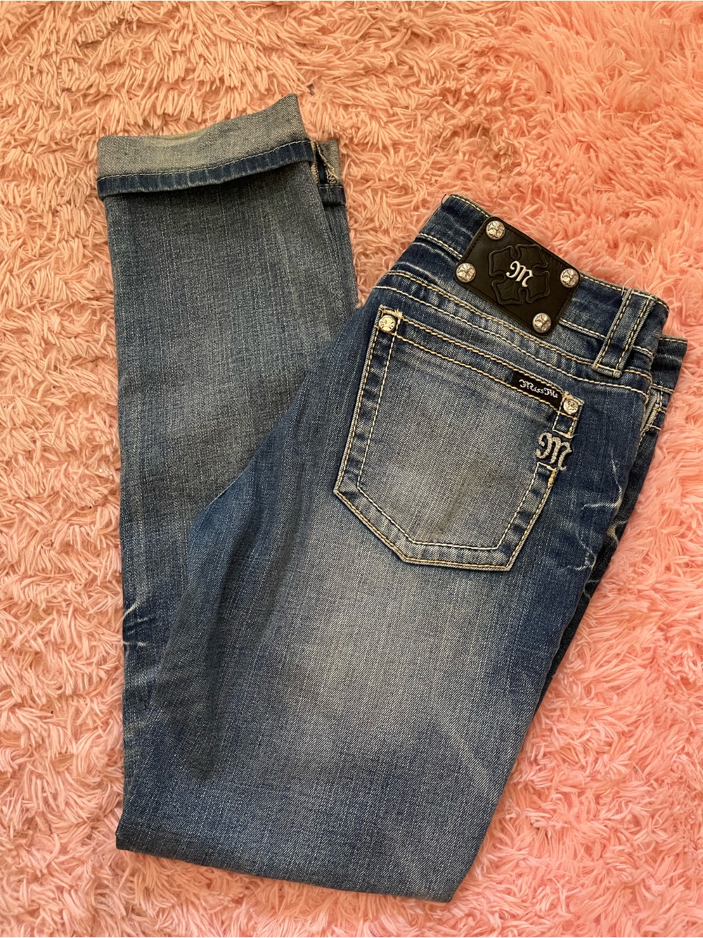 Miss Me Skinny Jeans Womens 31 Medium Wash Thick Stitch Embellished Pocket Denim